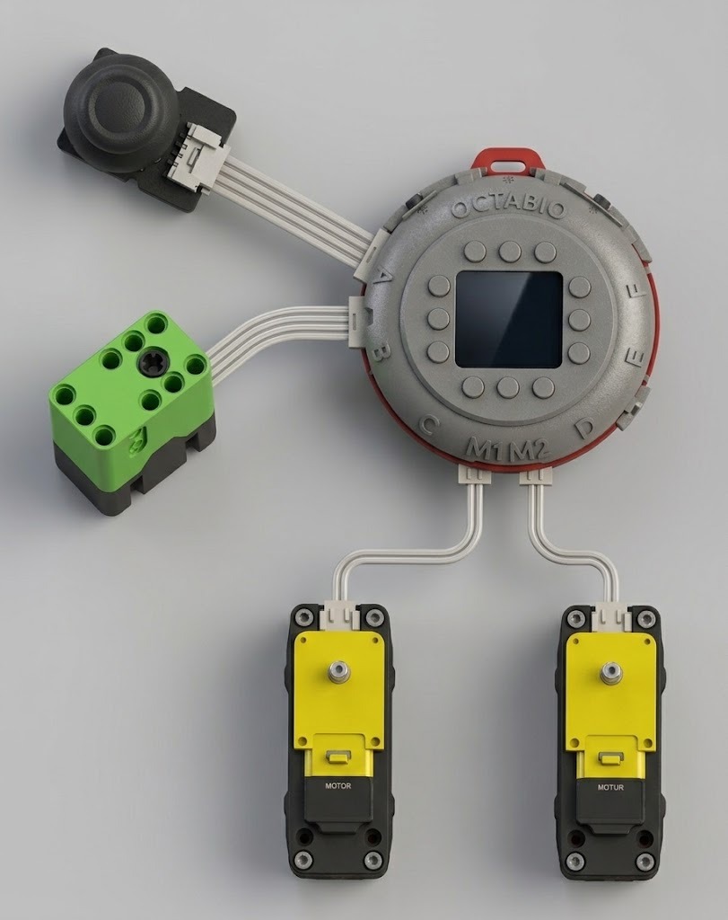Conexiones del carro: servomotor al módulo de extensión, sensor joystick al puerto A y motoreductores a M1 y M2