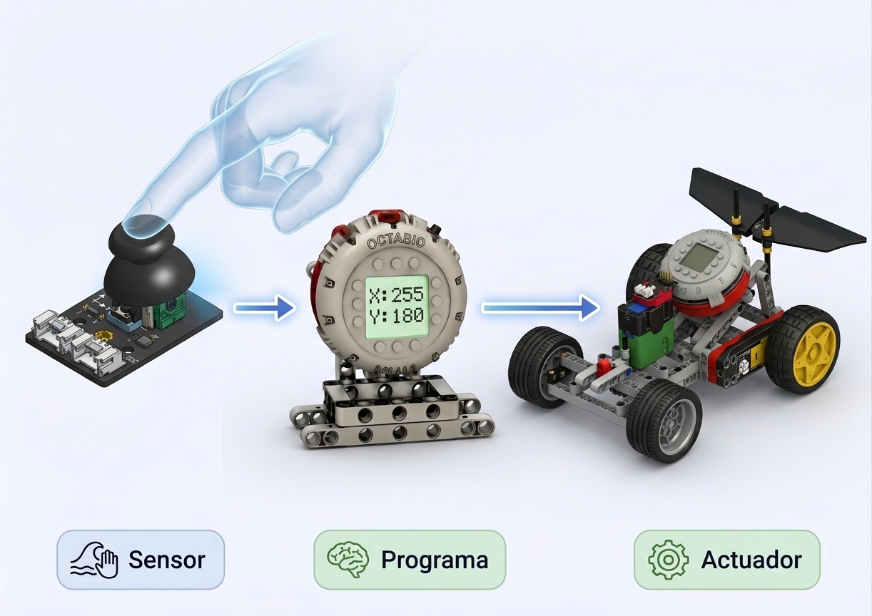 Secuencia del carro: el joystick lee la posición, el programa decide el giro y el avance, y los motores mueven el carro