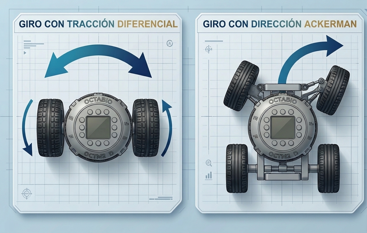 Diagrama de tracción ackerman: las ruedas delanteras giran para dirigir y las traseras impulsan