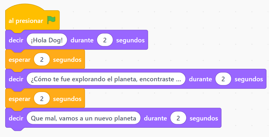 Código de Scratch del astronauta: cada mensaje usa un bloque de decir con su tiempo y un bloque de esperar para sincronizar la conversación