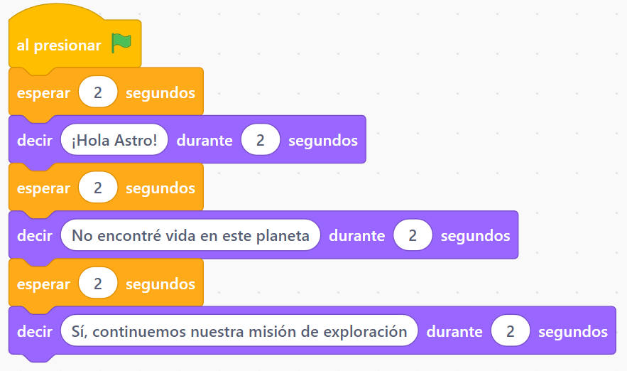 Código de Scratch del perro explorador: cada mensaje usa un bloque de decir con su tiempo y un bloque de esperar para sincronizar la conversación