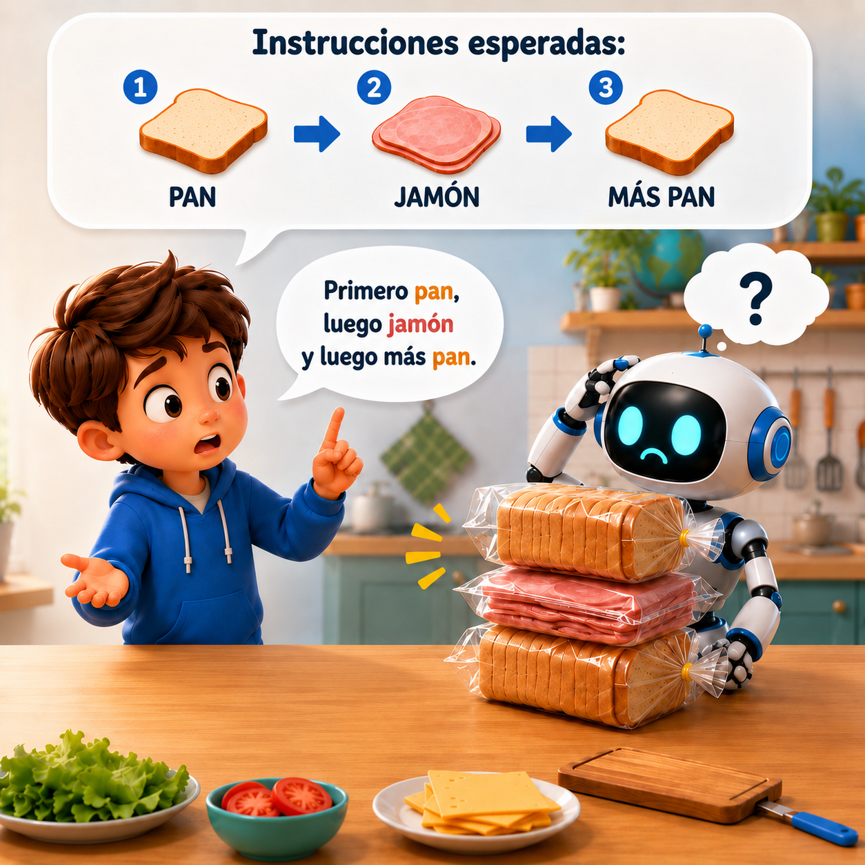 Un niño explica cómo preparar un sándwich. El robot, confundido, pone un paquete cerrado de jamón sobre una bolsa cerrada de pan y coloca encima otro paquete de jamón. La imagen muestra claramente el error causado por una instrucción ambigua.