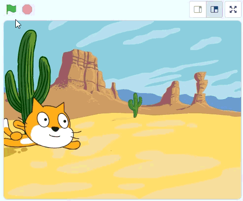 Animación de la ejecución del programa: el gato saluda, avanza, espera, se despide y avanza de nuevo