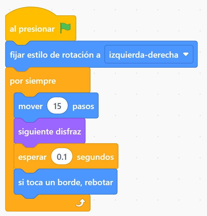 Código del vuelo infinito con dos bloques adicionales: girar en la dirección contraria y rebotar al tocar un borde