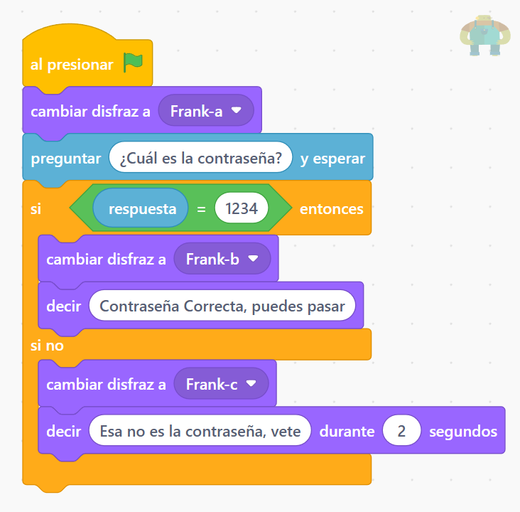 Código del programa con bloques para preguntar la contraseña, comparar la respuesta y decidir si el acceso es permitido o denegado