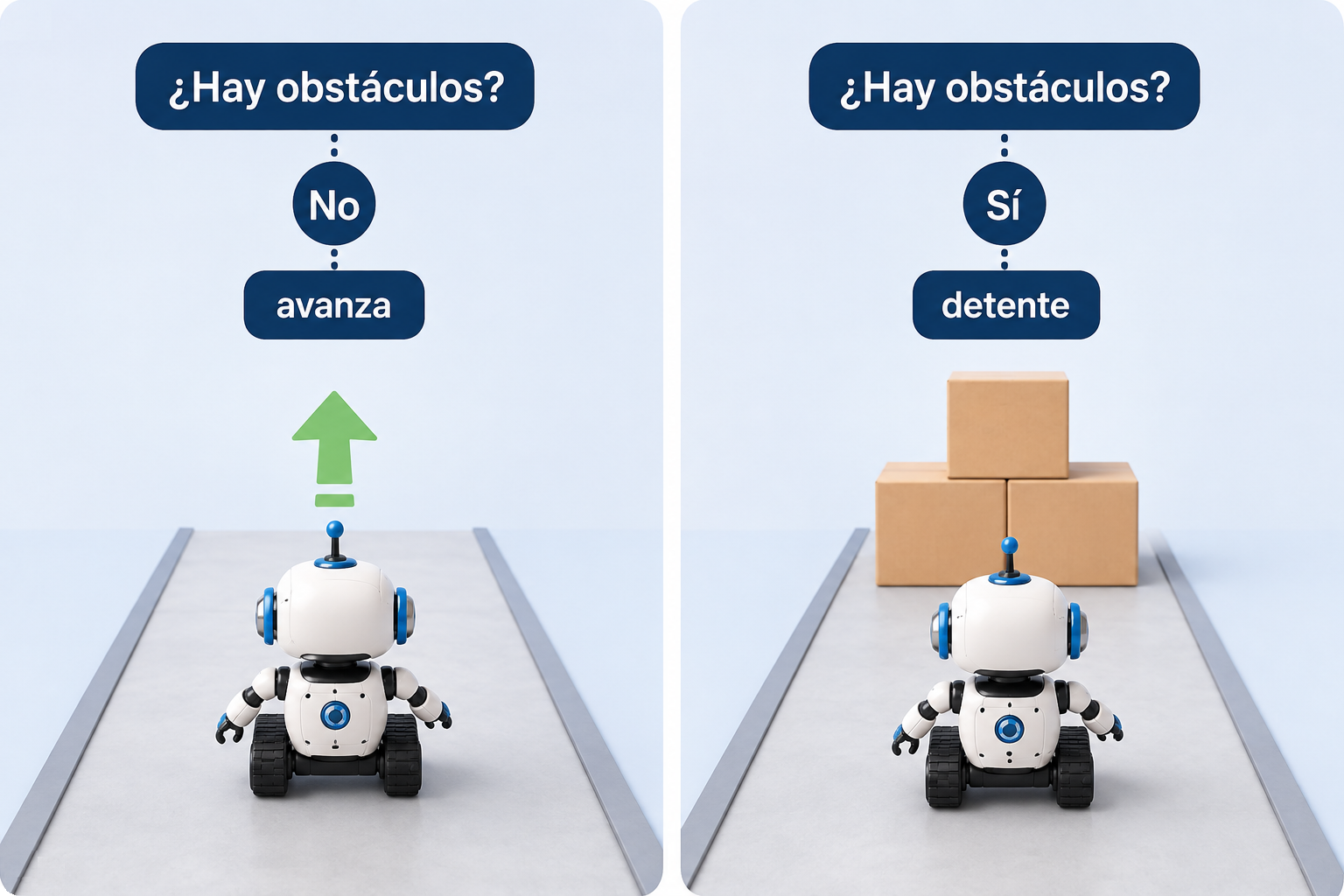 Robot educativo frente a un obstáculo, ilustración que muestra cómo decide entre detenerse o seguir avanzando