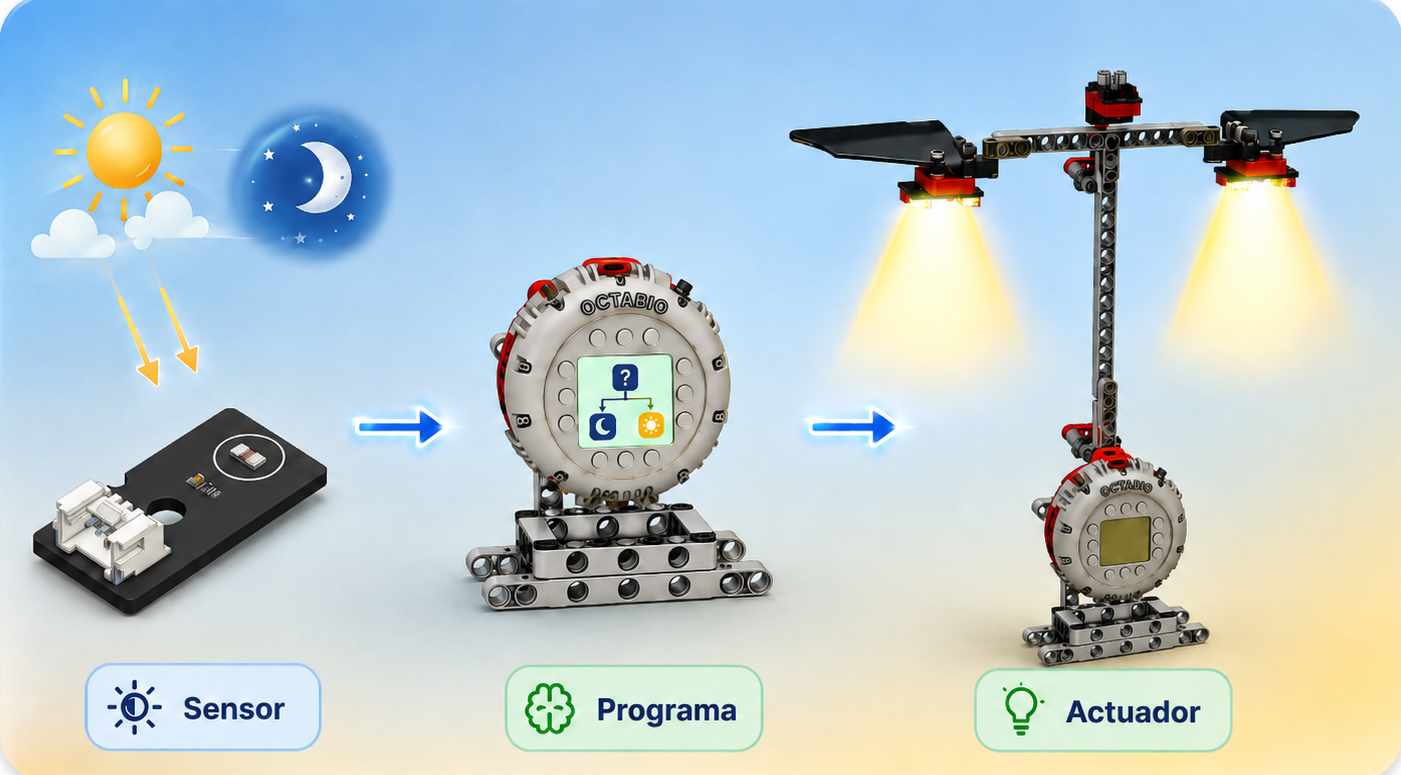 Diagrama sensor → programa → actuador: la fotocelda mide la luz y el LED enciende el poste